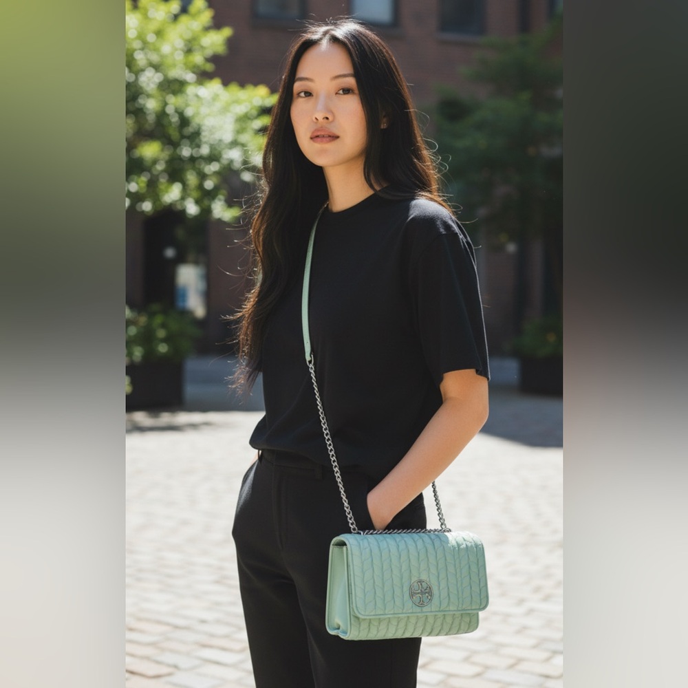 💚 Tory Burch - Mint Green Kira Ruched Small Convertible Shoulder Bag 👝 - Picture 9 of 12